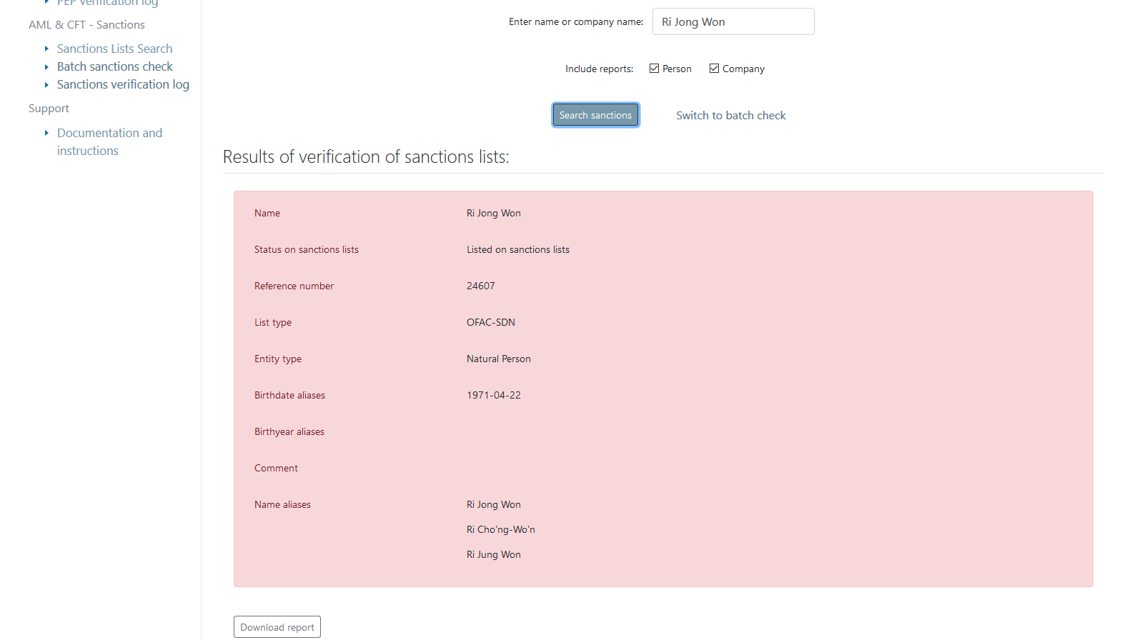 Natural person sanction screening tool - possitive match on  OFAC List - automated tool - Hyperflow