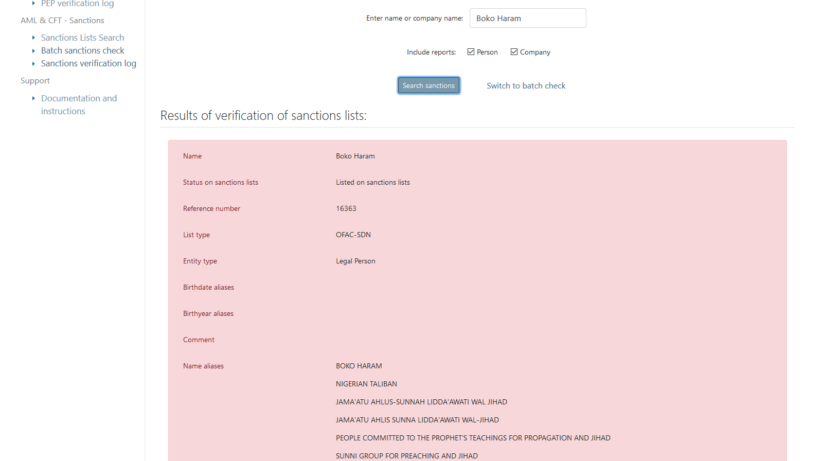 Legal entity sanction screening tool - possitive match - automated tool - Hyperflow